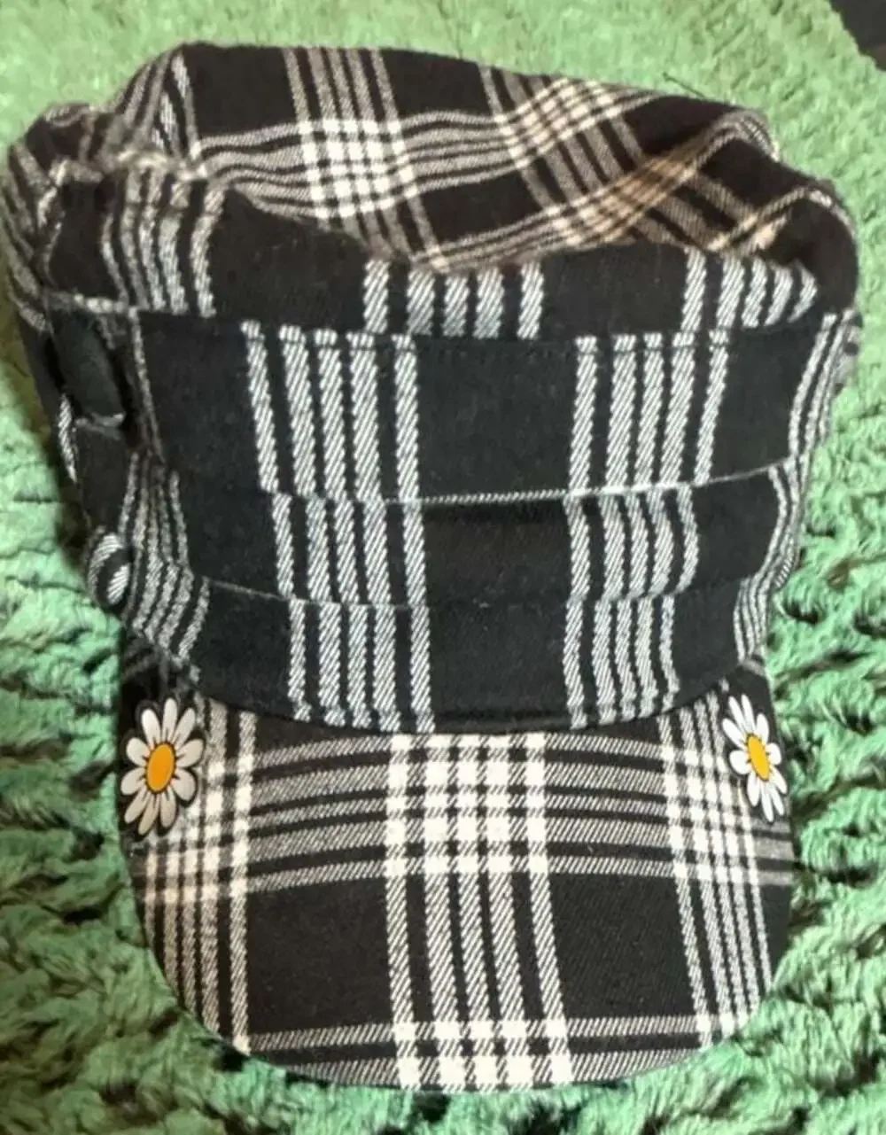Justice Black and White Plaid Cadet Cap with Daisy Flower Detail